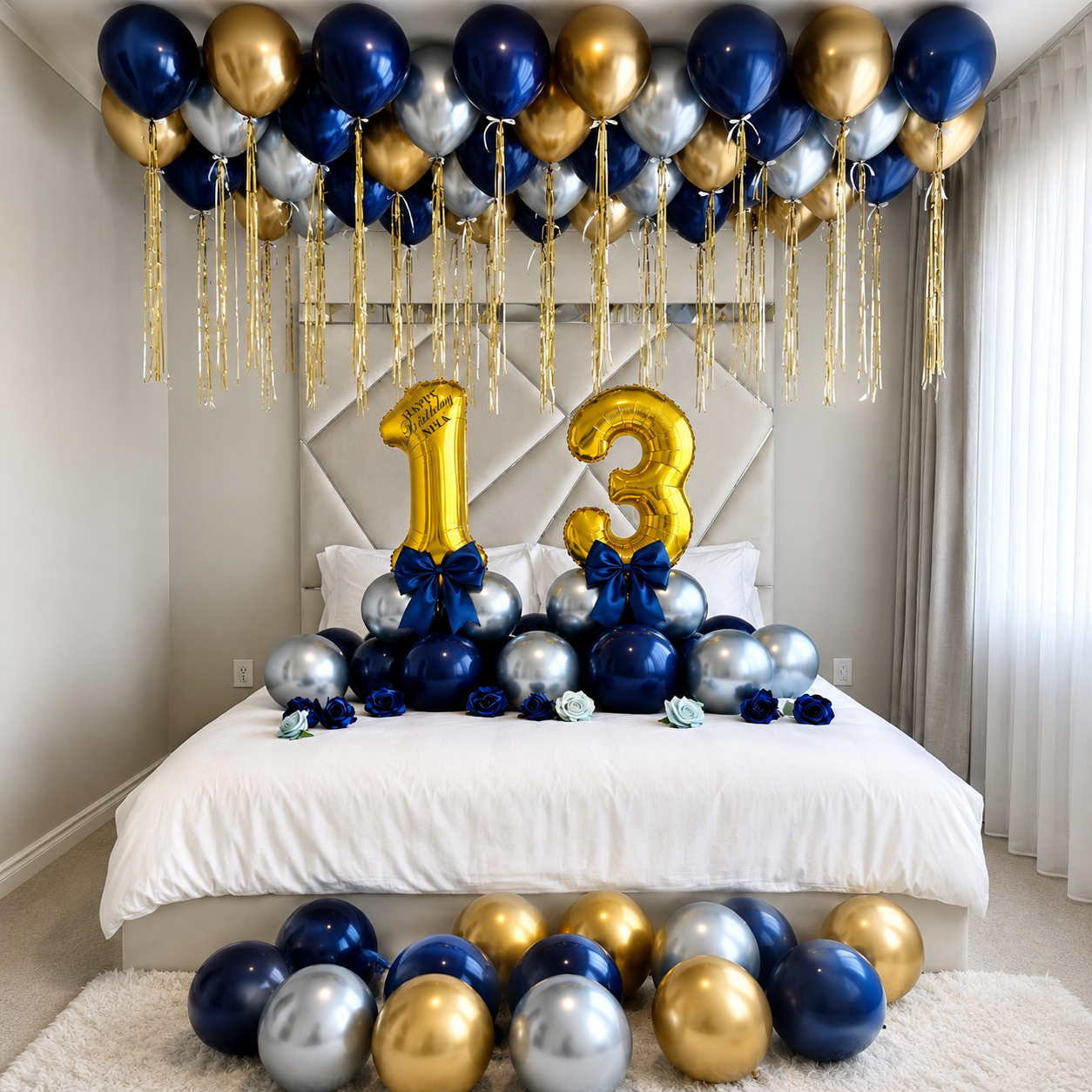 13th birthday bedroom surprise featuring navy blue, gold, and silver ceiling balloons with large gold number 13 balloons and decorative roses.
