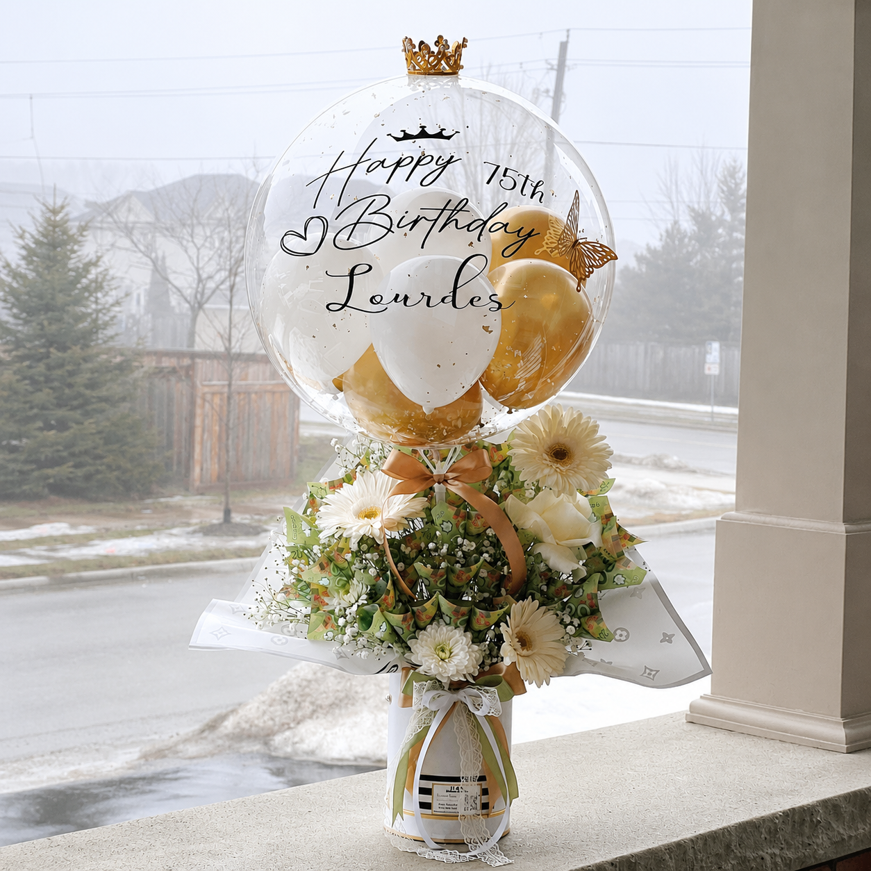 75th Birthday Money Bouquet & Personalised Balloon Arrangement