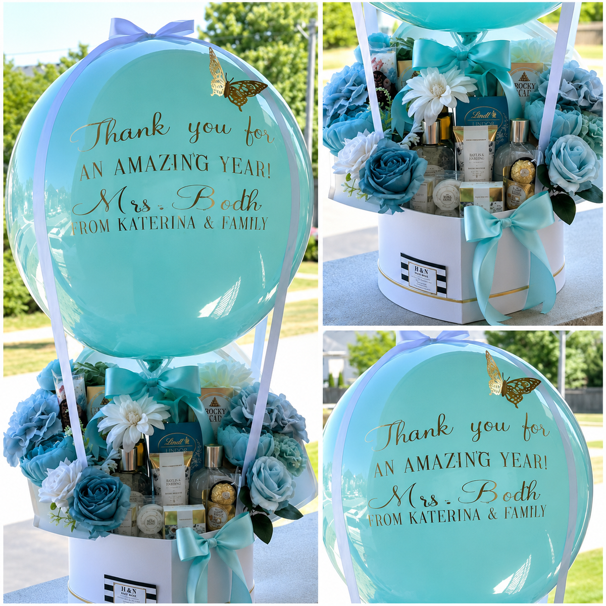 Collage of a teacher appreciation gift for Mrs. Bodh featuring a personalised aqua balloon, blue and white flowers, chocolates, beauty products, and turquoise ribbon accents.