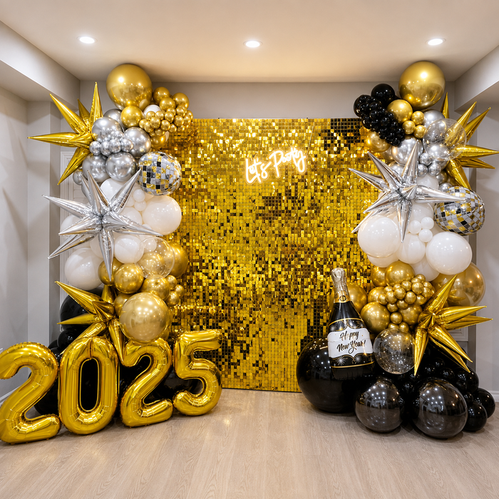 New Year’s Eve 2025 Gold Sequin Balloon Backdrop