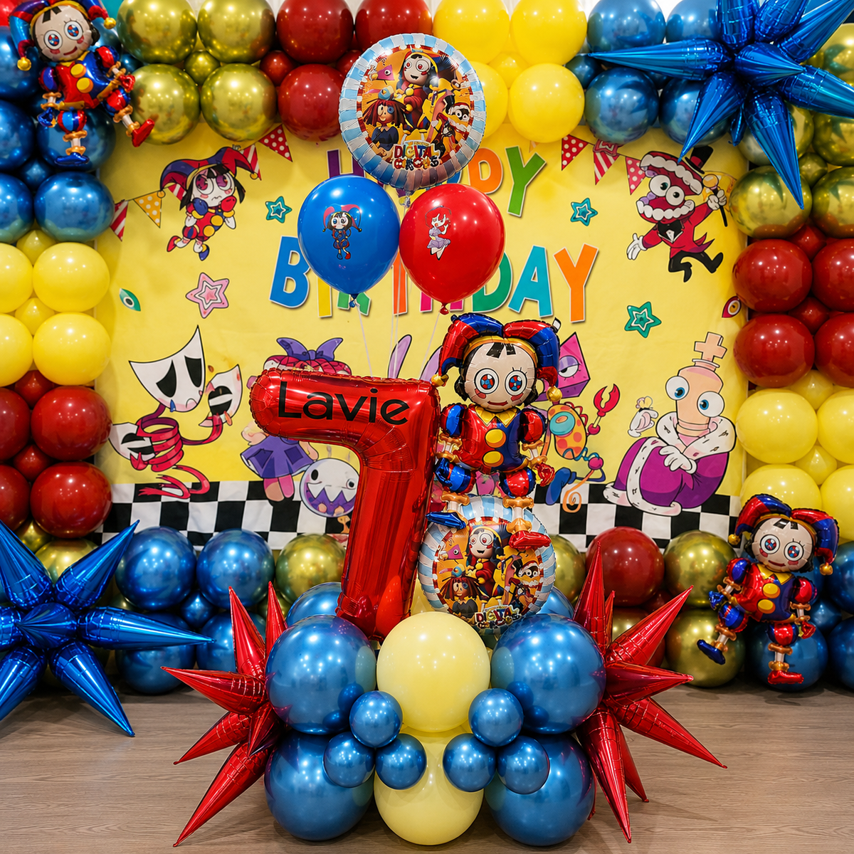 Amazing Digital Circus themed 7th birthday balloon display for Lavie featuring a large red number 7, colorful character balloons, blue, yellow, red, and green balloon clusters, and metallic star accents.