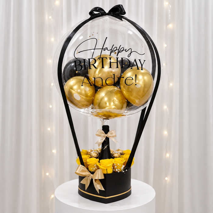 Black & Gold Birthday Balloon and Rose Gift Arrangement
