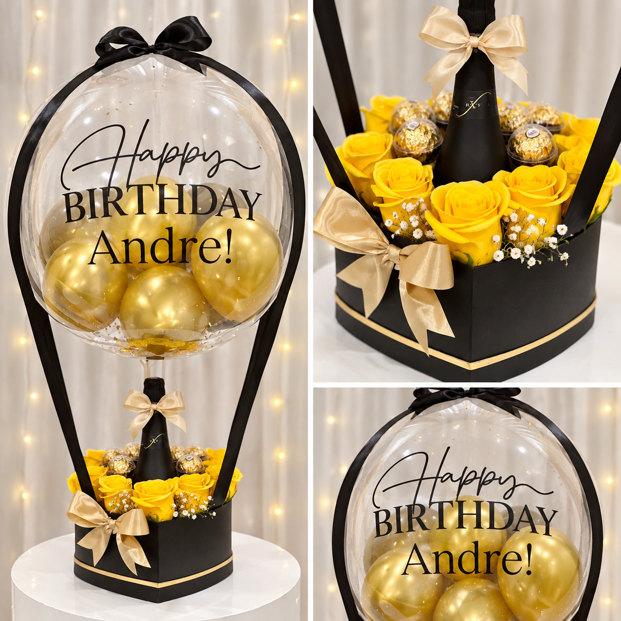 Andre’s birthday gift arrangement featuring a personalized clear balloon with black and gold balloons, yellow roses, chocolates, black and gold gift box, and satin ribbon accents.