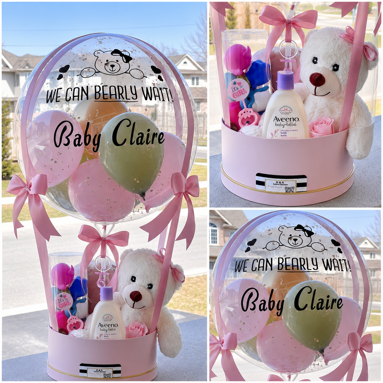 Baby girl gift arrangement for Claire featuring a personalised clear balloon, pastel balloons, pink ribbons, a teddy bear, baby bath products, and newborn gifts.