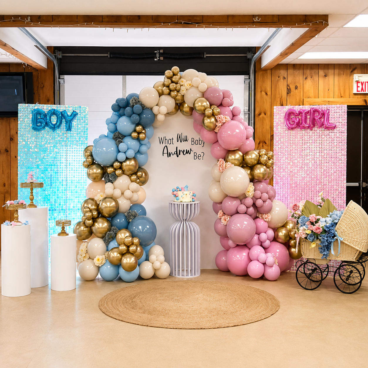 Baby gender reveal backdrop featuring blue, pink, cream, and gold balloon garlands, BOY and GIRL shimmer panels, floral accents, and a central “What Will Baby Andrew Be?” sign.