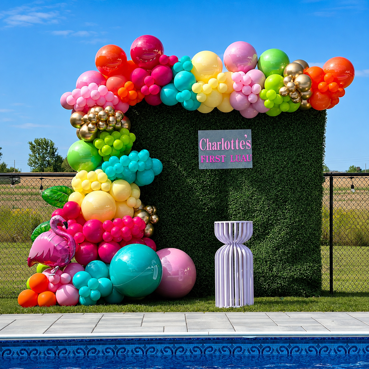 Charlotte’s first luau poolside backdrop featuring a colorful rainbow balloon garland, tropical accents, black greenery wall, and oversized gold balloons.