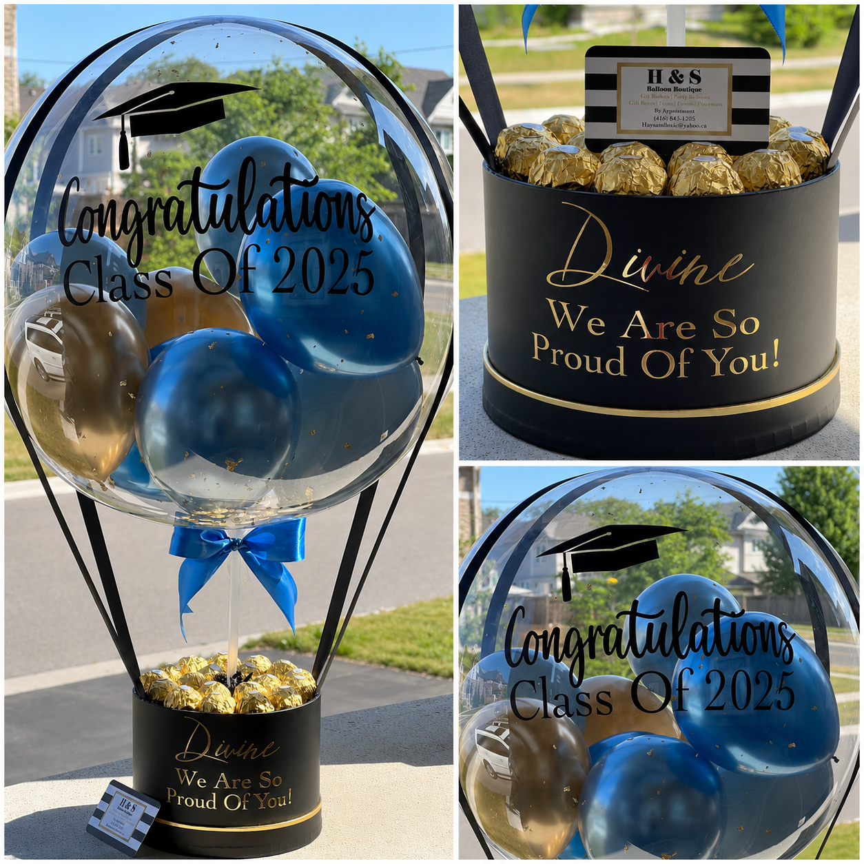 Graduation gift arrangement featuring a personalised clear balloon with blue and gold balloons, Class of 2025 message, gold-wrapped chocolates, and a black gift box.