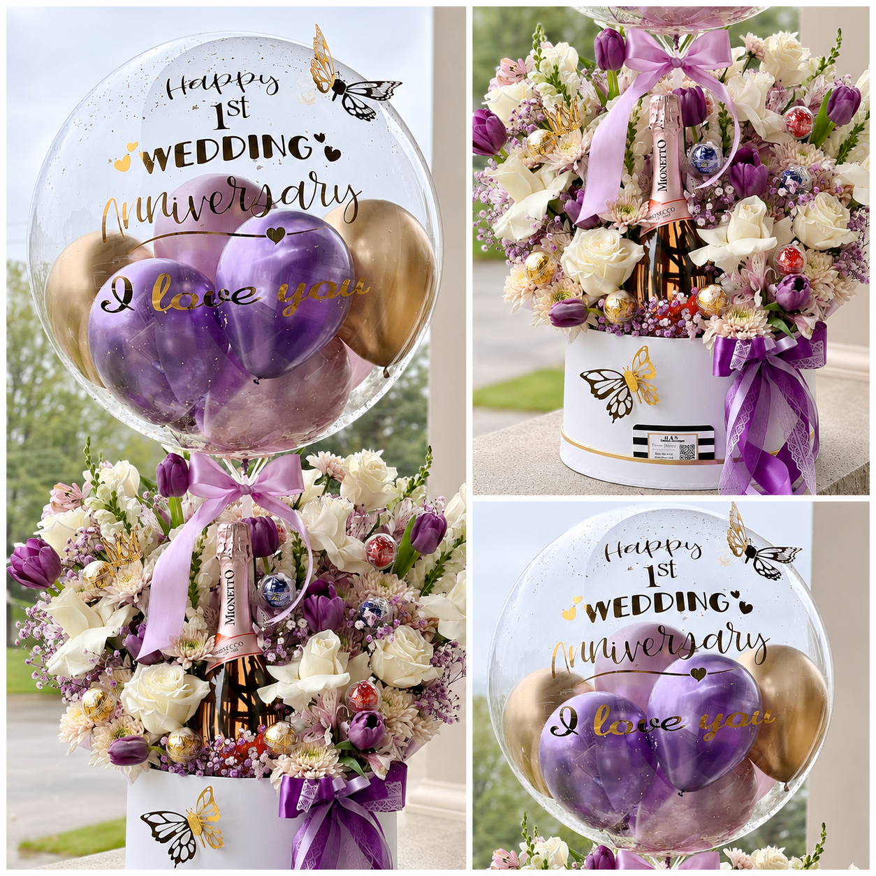 Luxury first wedding anniversary gift featuring a personalised clear bubble balloon, purple and gold balloons, flowers, butterflies, and a Prosecco bottle.