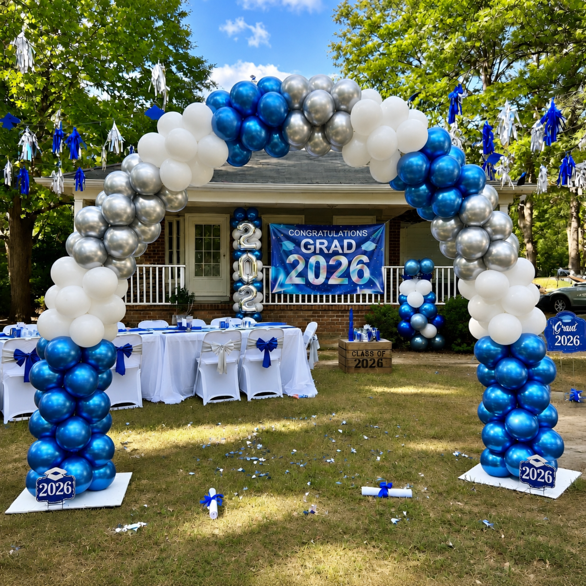 Outdoor Grad 2026 celebration featuring a large blue, silver, and white balloon arch with graduation party decorations.