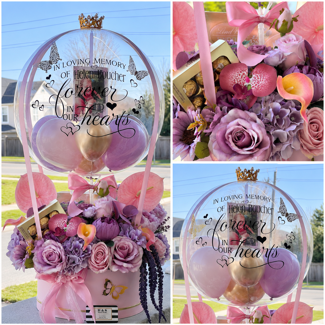 Memorial floral arrangement for Helen Boucher featuring pink and purple flowers, chocolates, butterflies, and a personalised clear balloon.