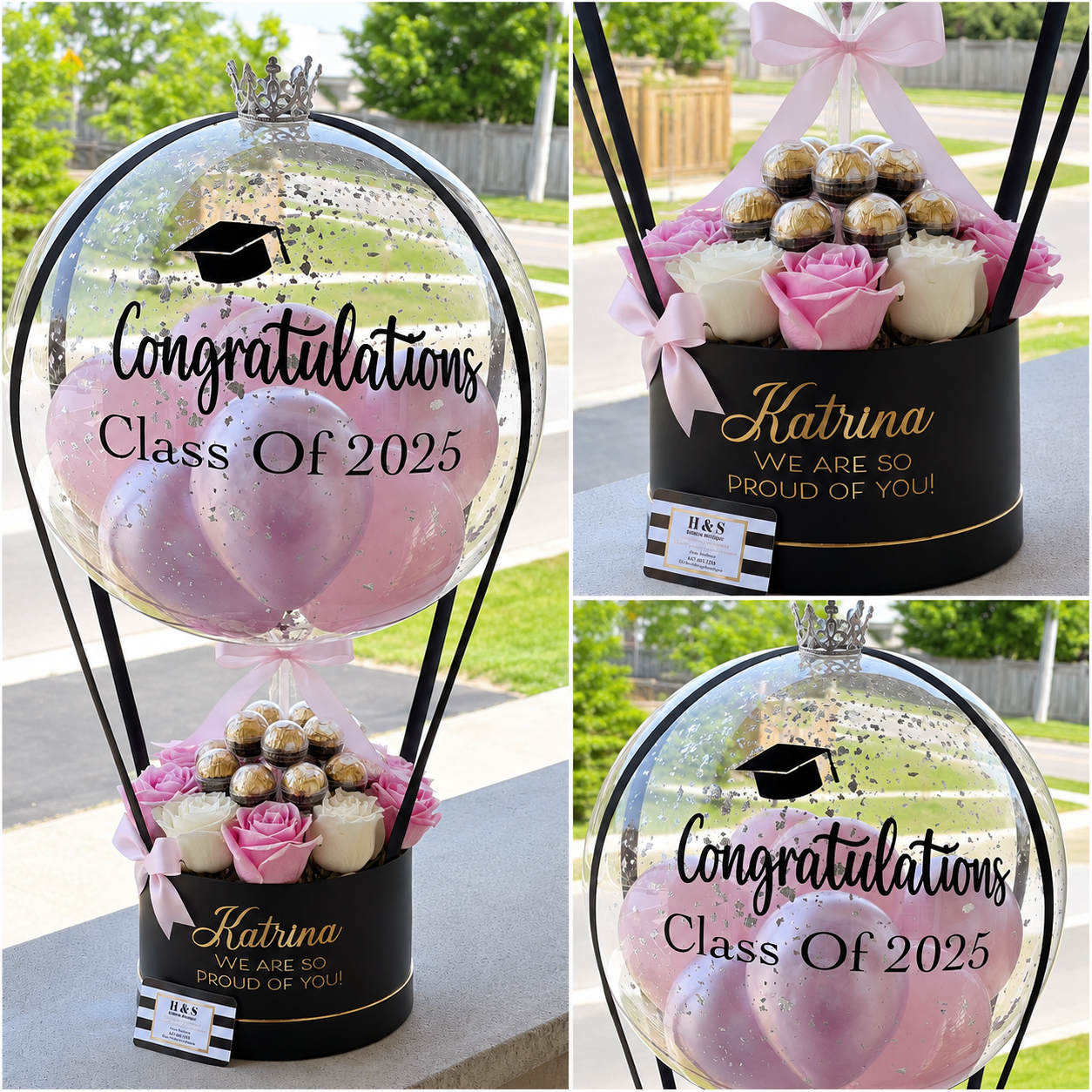 Katrina’s Class of 2025 graduation gift featuring a personalised clear balloon, pink and lavender balloons, pink and white roses, Ferrero Rocher chocolates, and a black gift box.