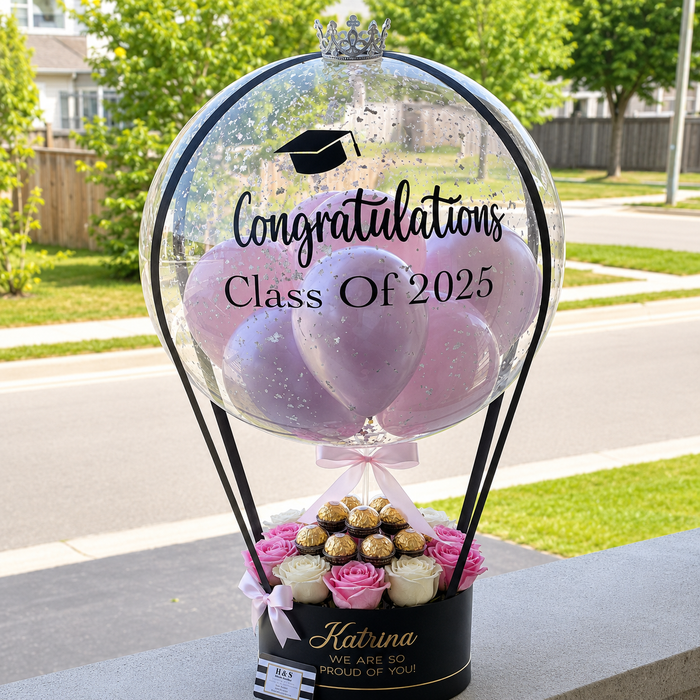 Personalised Graduation Balloon, Roses & Chocolate Gift Arrangement