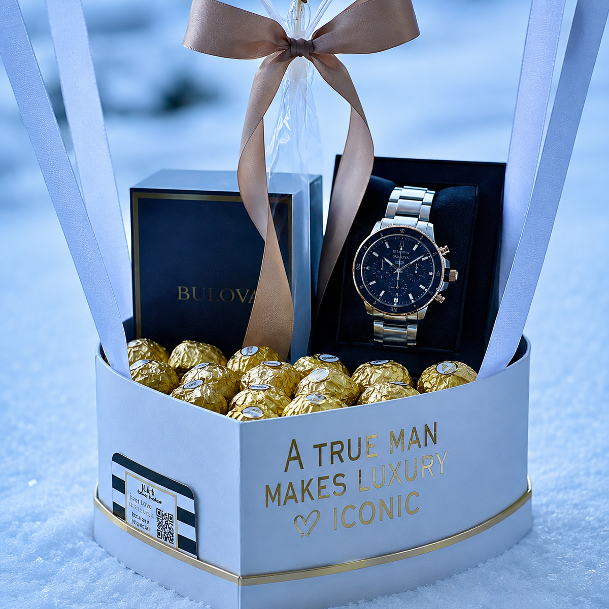 Close-up of a luxury birthday gift arrangement featuring a Bulova watch, gold-wrapped chocolates, elegant ribbon accents, and a white gift box.