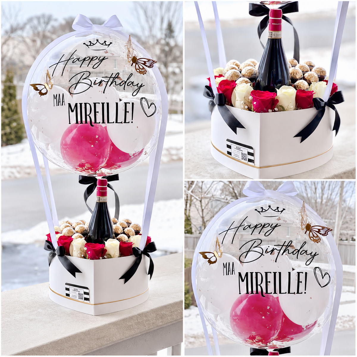 Collage of Mireille’s birthday gift featuring a personalised clear balloon, pink and white balloons, red and white roses, chocolates, a wine bottle, and black ribbon accents.