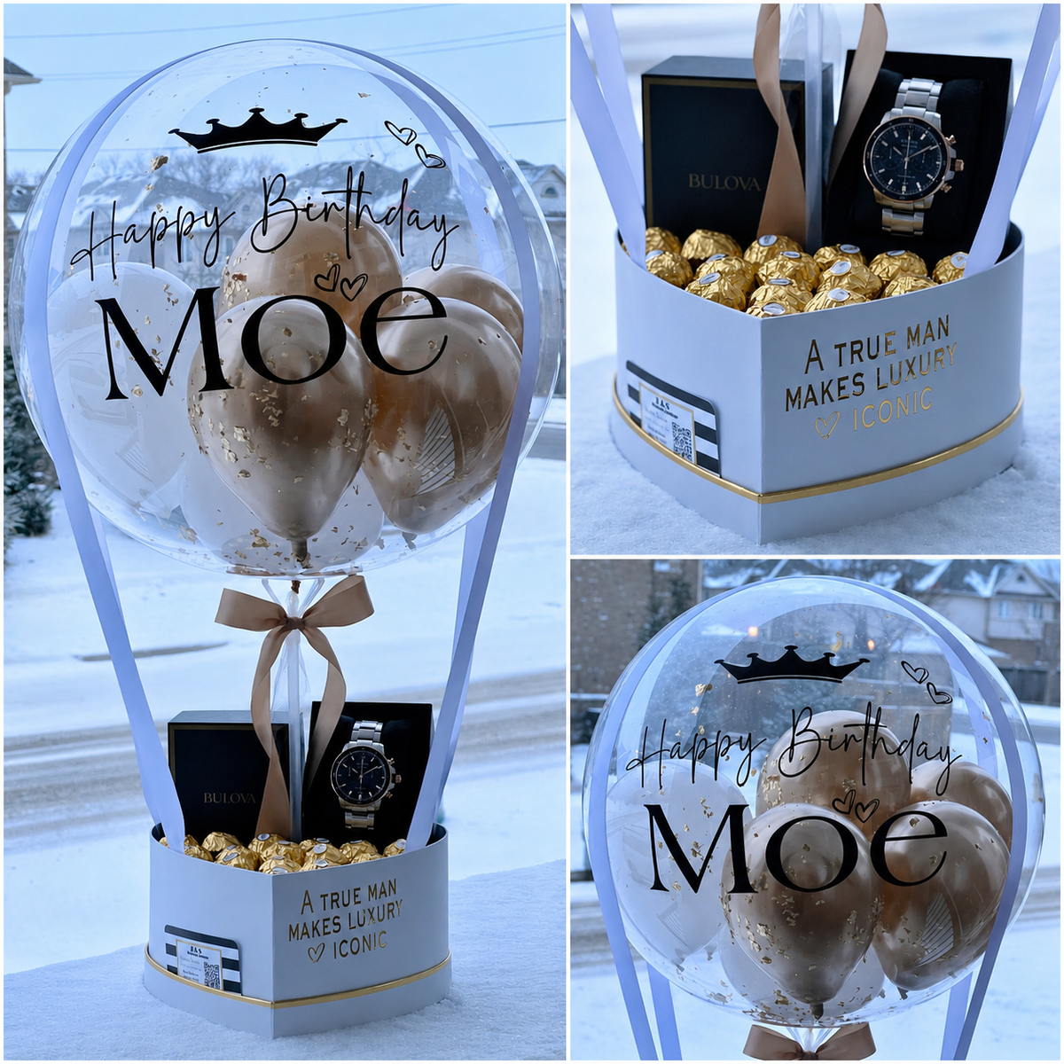 Collage of Moe’s luxury birthday gift featuring a personalised clear balloon, beige and white balloons, a Bulova watch, gold-wrapped chocolates, and elegant ribbon accents.