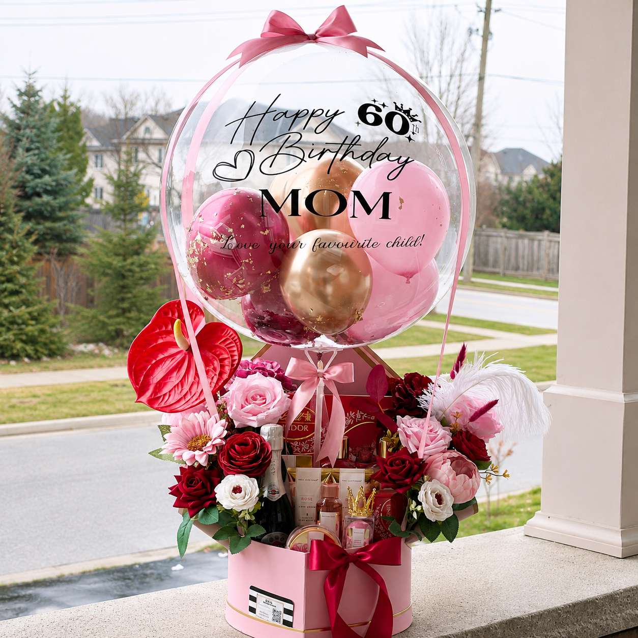 Mom’s 60th birthday gift arrangement featuring a personalised clear balloon, pink and gold balloons, red and pink flowers, chocolates, beauty products, and elegant ribbon accents.