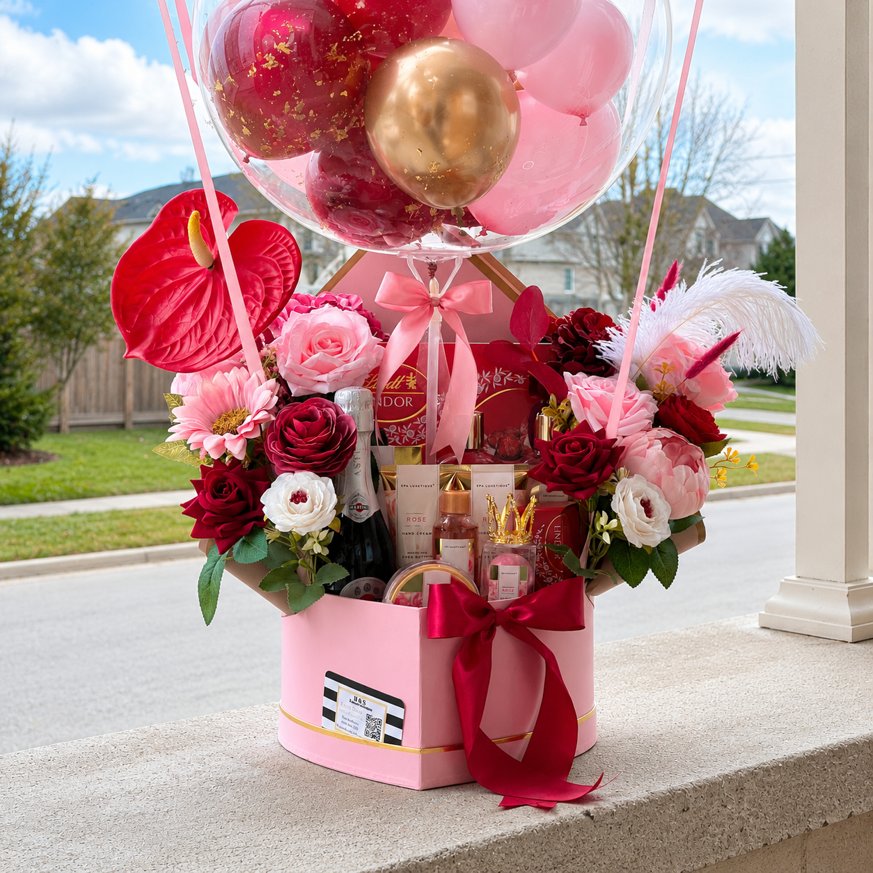 Mom’s 60th birthday gift arrangement featuring a personalised clear balloon, pink and gold balloons, red and pink flowers, chocolates, beauty products, and elegant ribbon accents.