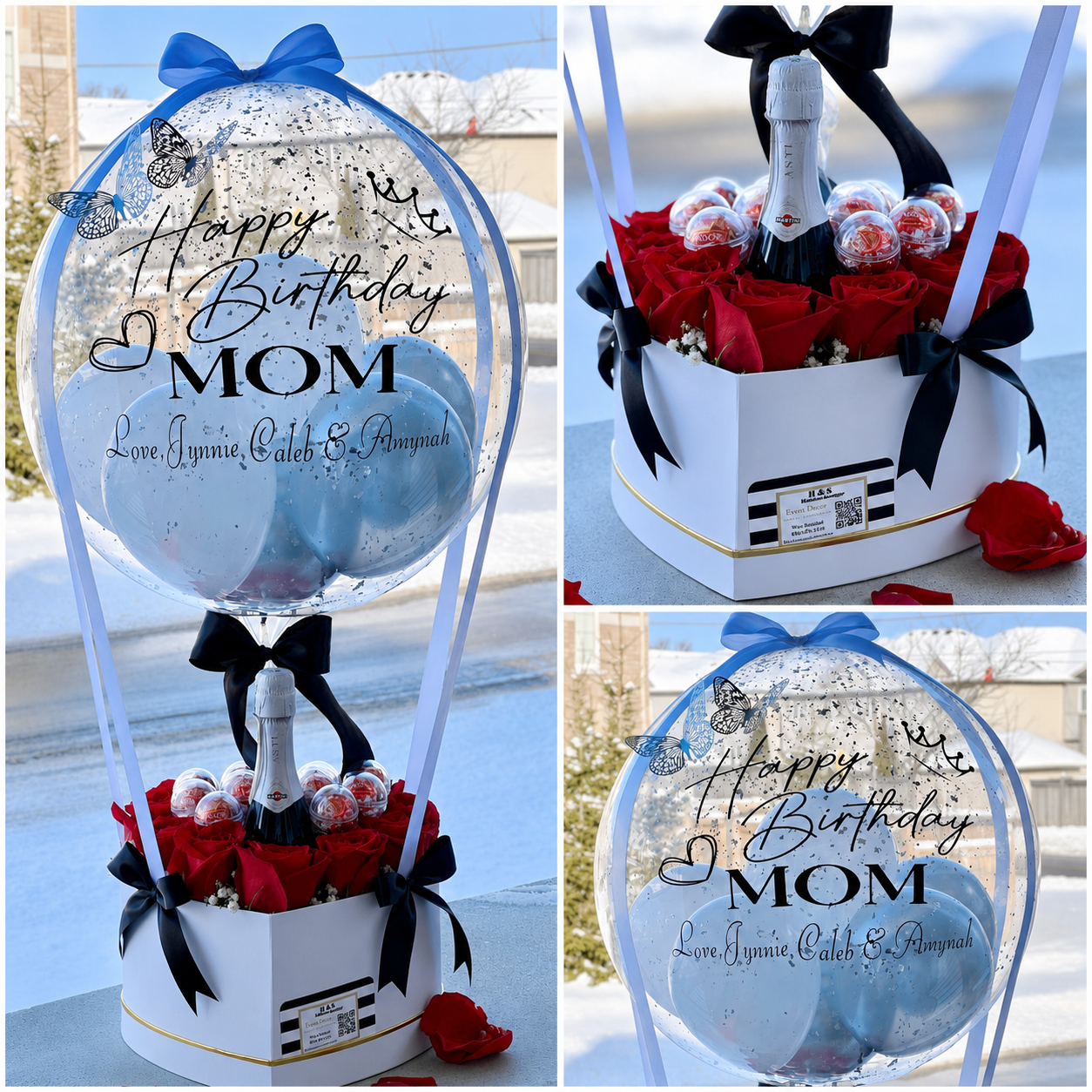 Birthday gift for Mom featuring a personalised blue balloon, red roses, chocolates, a champagne bottle, and black ribbon accents.