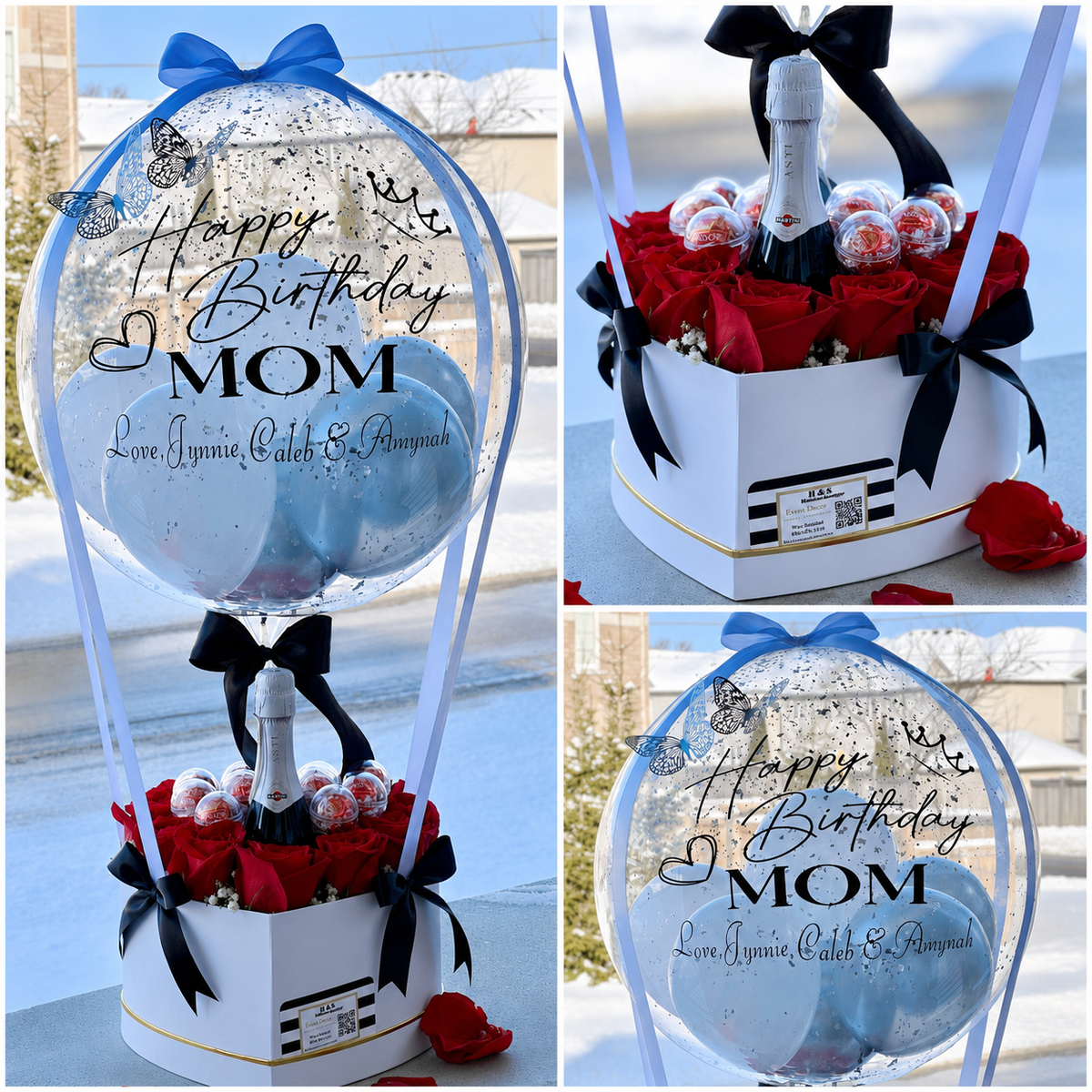 Collage of Mom’s birthday gift featuring a personalised blue balloon, red roses, chocolates, a sparkling wine bottle, and black ribbon accents.