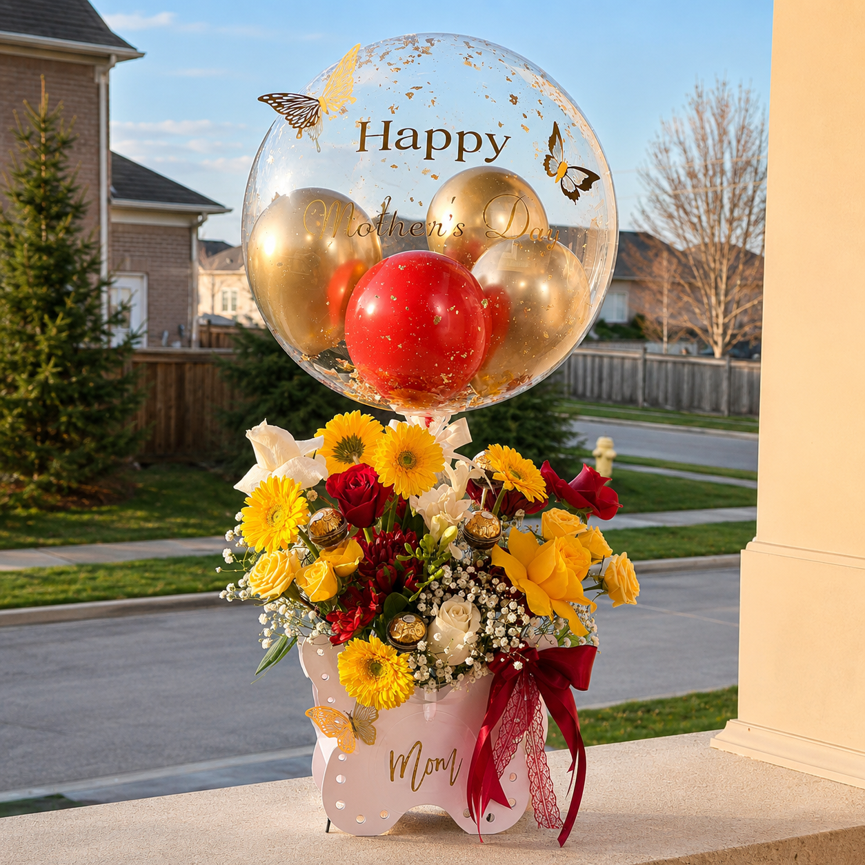 Mother’s Day gift arrangement featuring a personalised clear balloon, red and gold balloons, yellow and white flowers, chocolates, butterflies, and elegant ribbon accents.