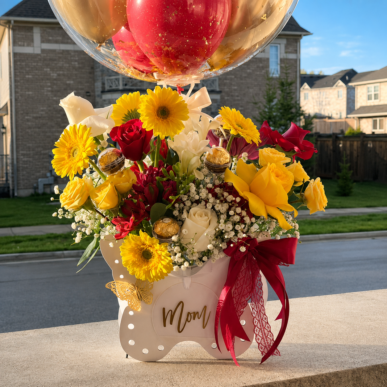 Mother’s Day gift arrangement featuring a personalised clear balloon, red and gold balloons, yellow and white flowers, chocolates, butterflies, and elegant ribbon accents.