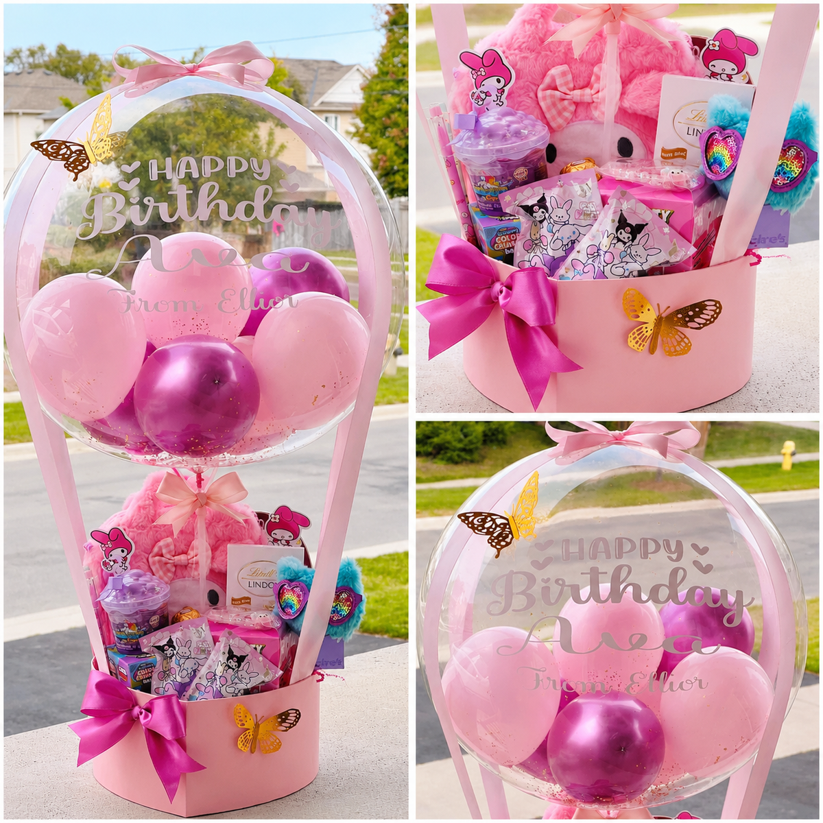 My Melody themed birthday gift collage featuring a personalized clear balloon with pink and purple balloons, a pink gift box filled with plush toys, sweets and accessories, butterfly accents, and bright pink satin bows.