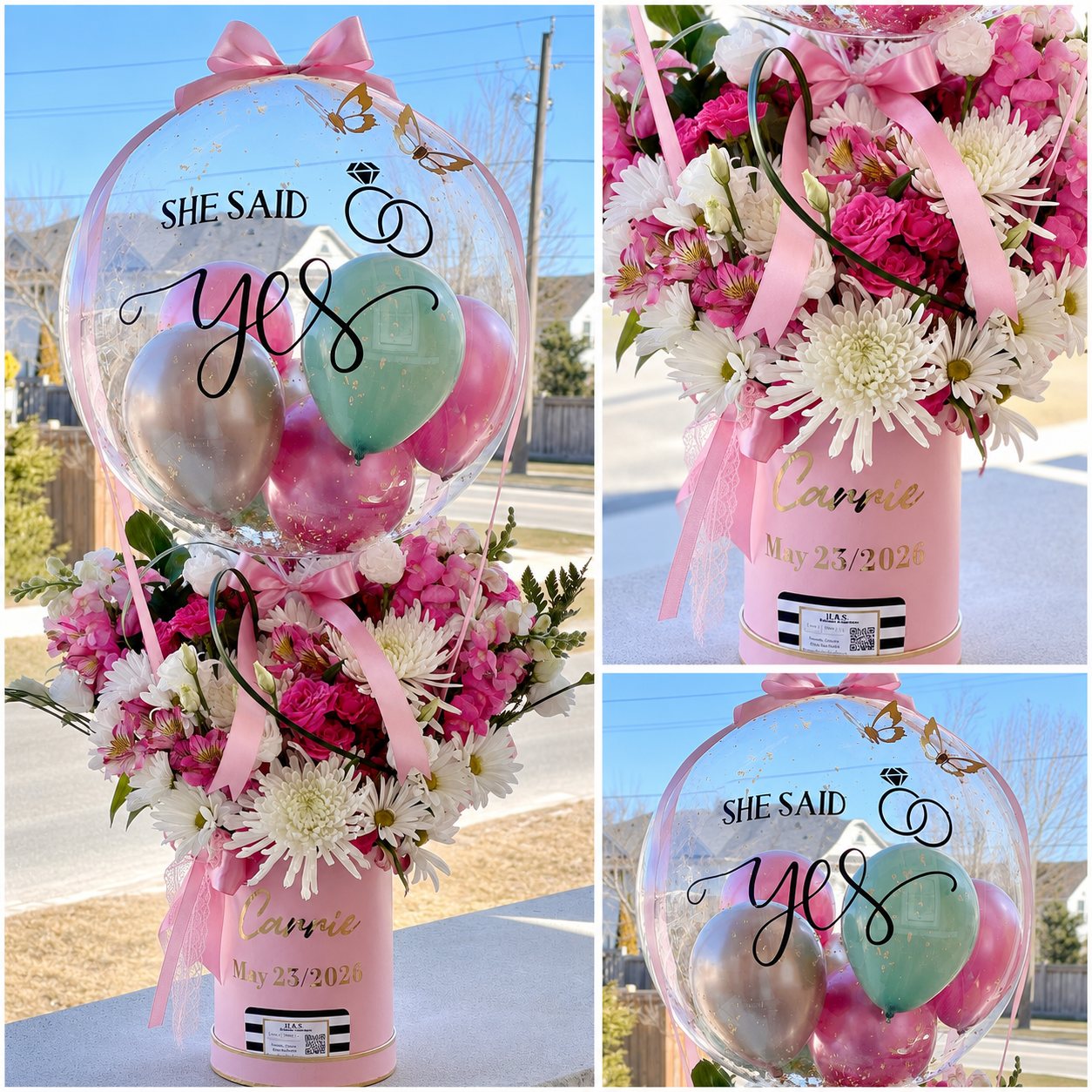 Engagement celebration arrangement featuring a personalised “She Said Yes” clear balloon, pink and green balloons, and pink and white flowers.