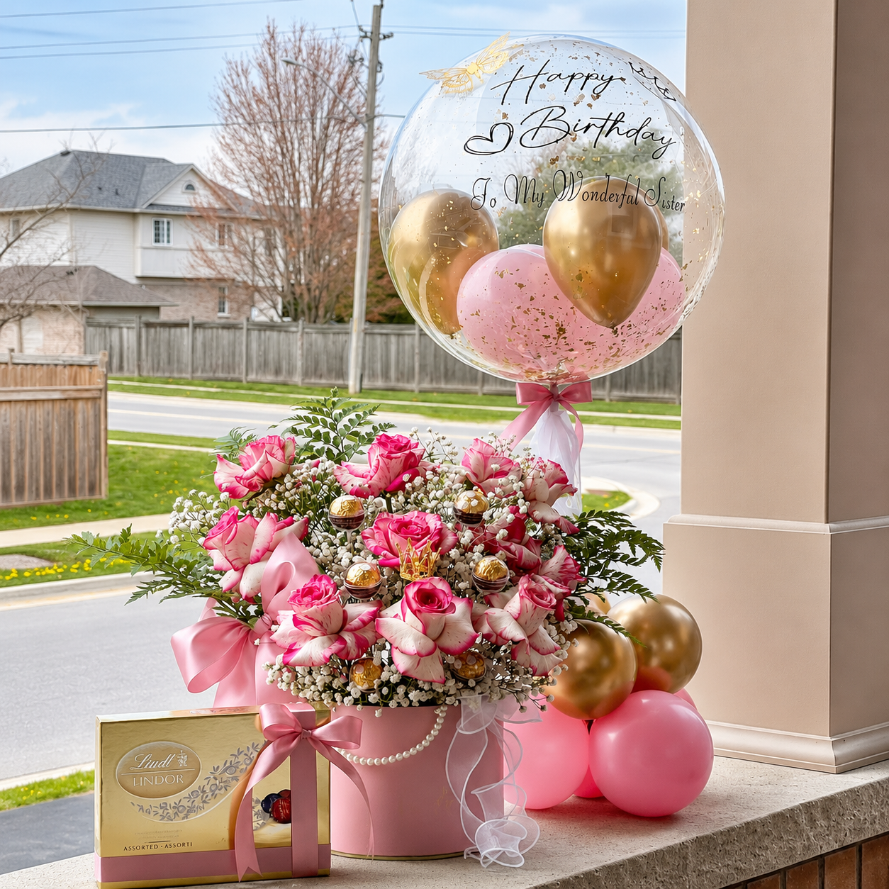 Birthday gift for a sister featuring pink roses, Lindor chocolates, a personalised clear balloon, and pink and gold decorations.