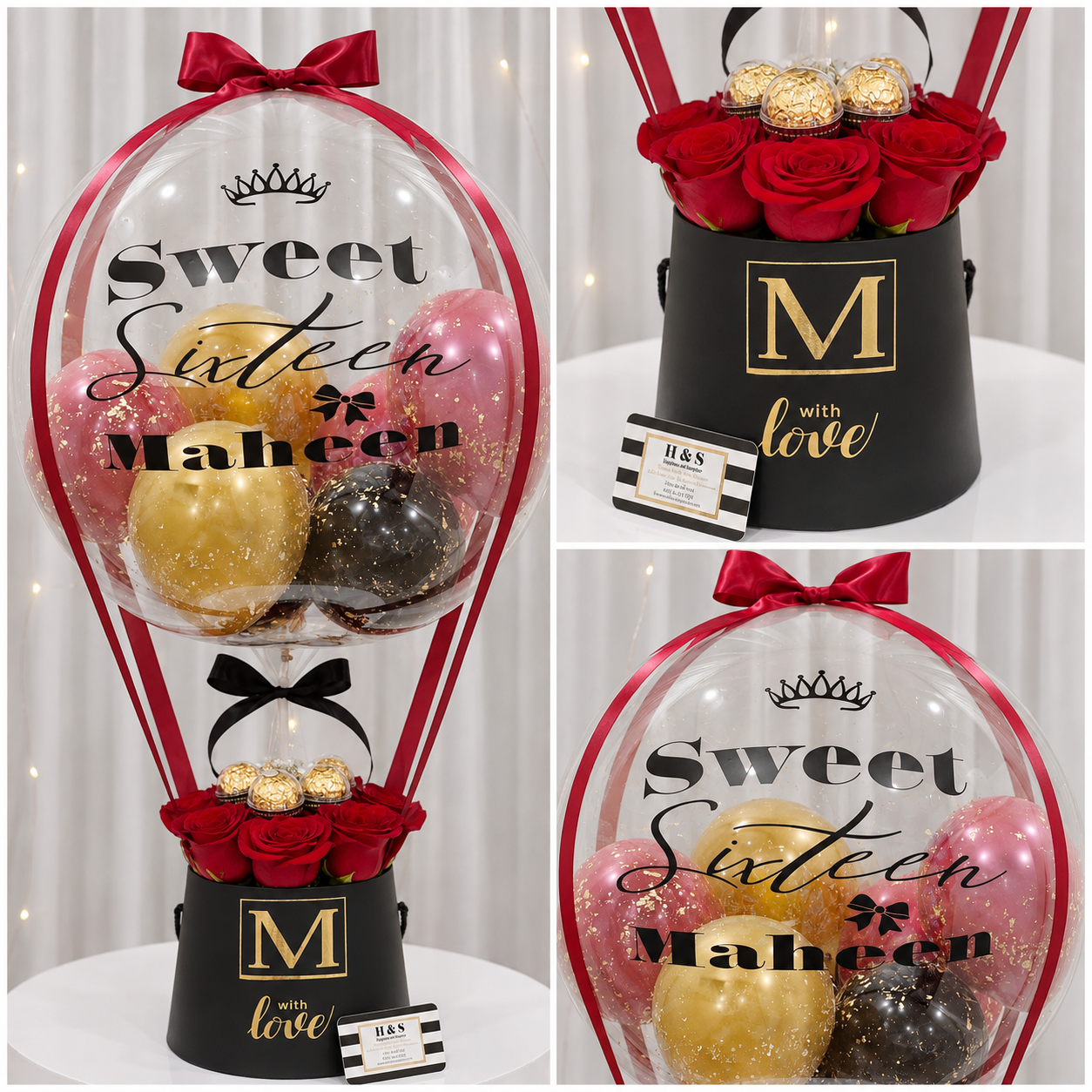 Sweet sixteen gift arrangement featuring a personalized clear balloon with red, gold, pink, and black balloons, red roses, chocolates, red ribbon accents, and a black gift box with gold detailing