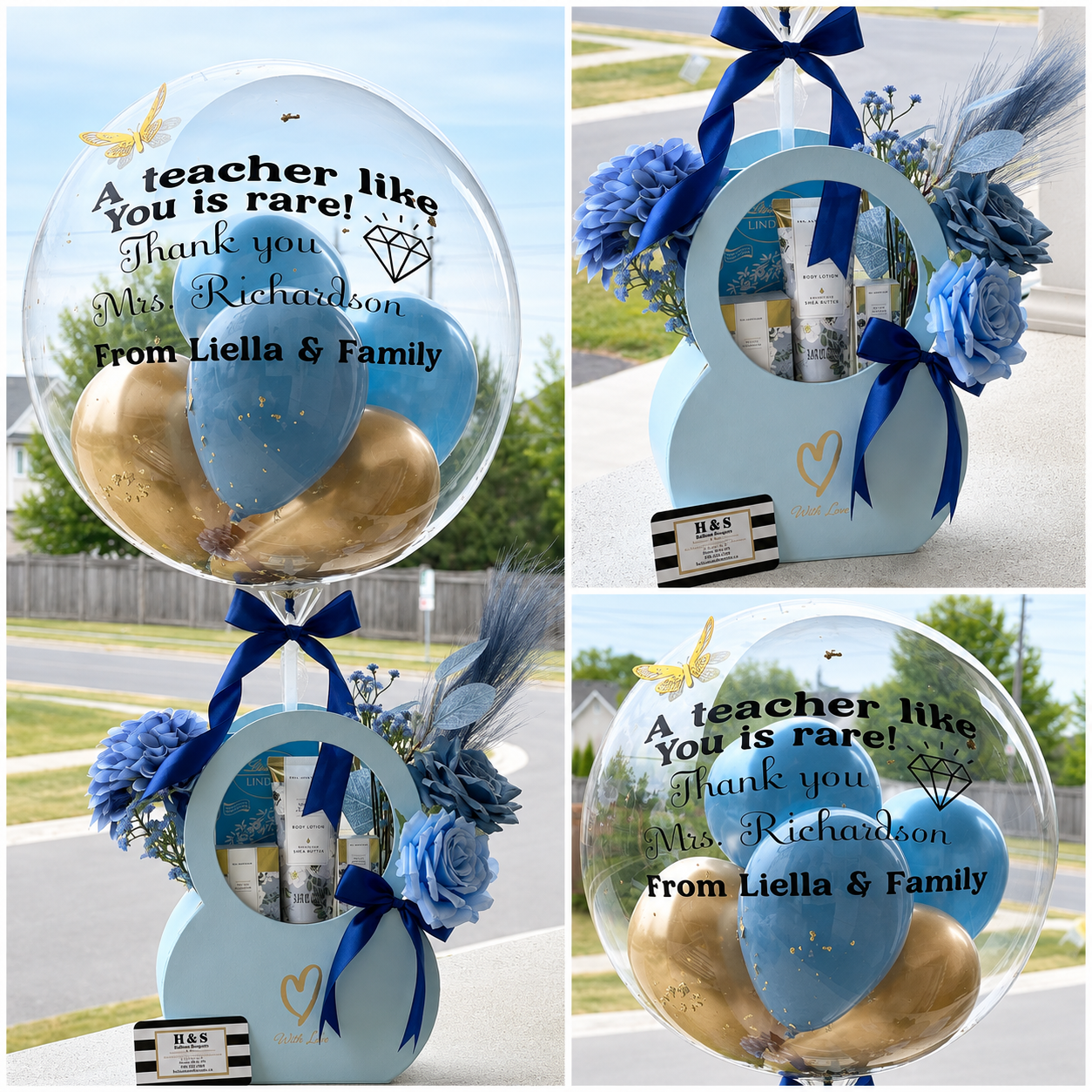 Teacher appreciation gift arrangement featuring a personalised clear balloon, blue and gold balloons, blue flowers, beauty products, and navy ribbon accents.