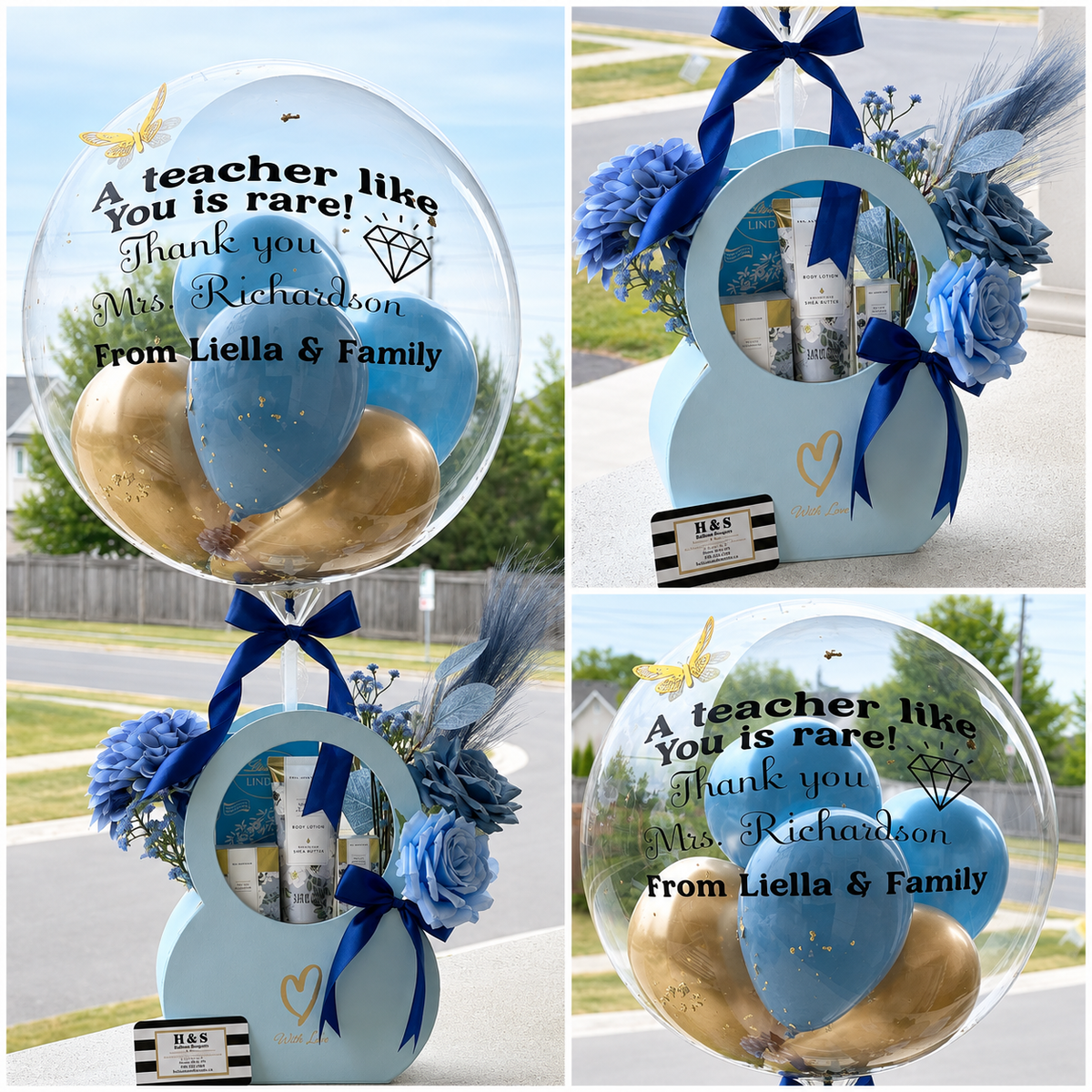 Collage of a teacher appreciation gift featuring a personalised clear balloon, blue and gold balloons, blue flowers, beauty products, chocolates, and navy ribbon accents.