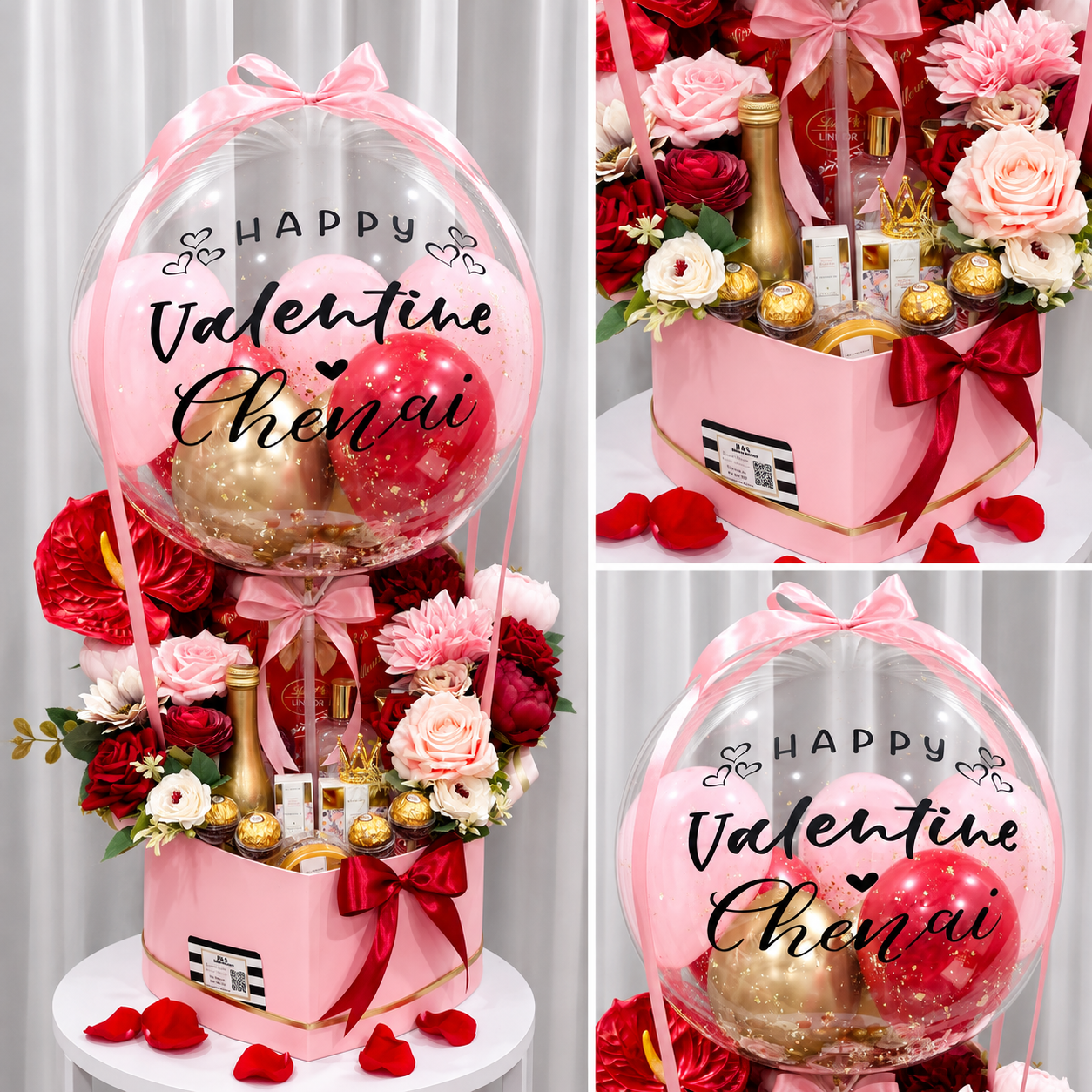 Valentine’s Day gift arrangement featuring a personalised clear balloon, pink and red balloons, red and pink flowers, chocolates, and elegant ribbon accents.