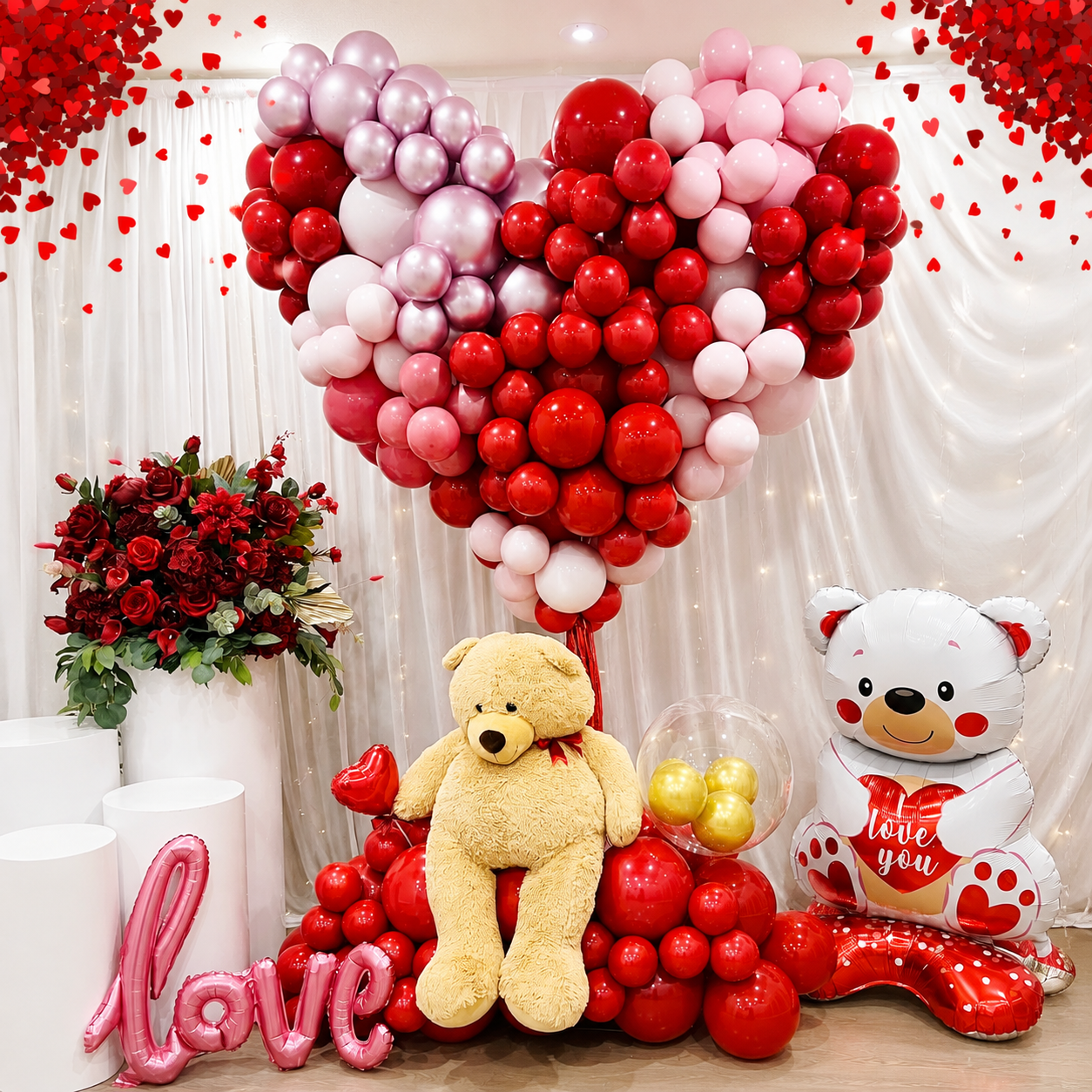 Valentine’s Day backdrop featuring a large heart-shaped red, pink, and silver balloon display, teddy bears, red roses, heart balloons, gold bubble balloons, and decorative love accents.