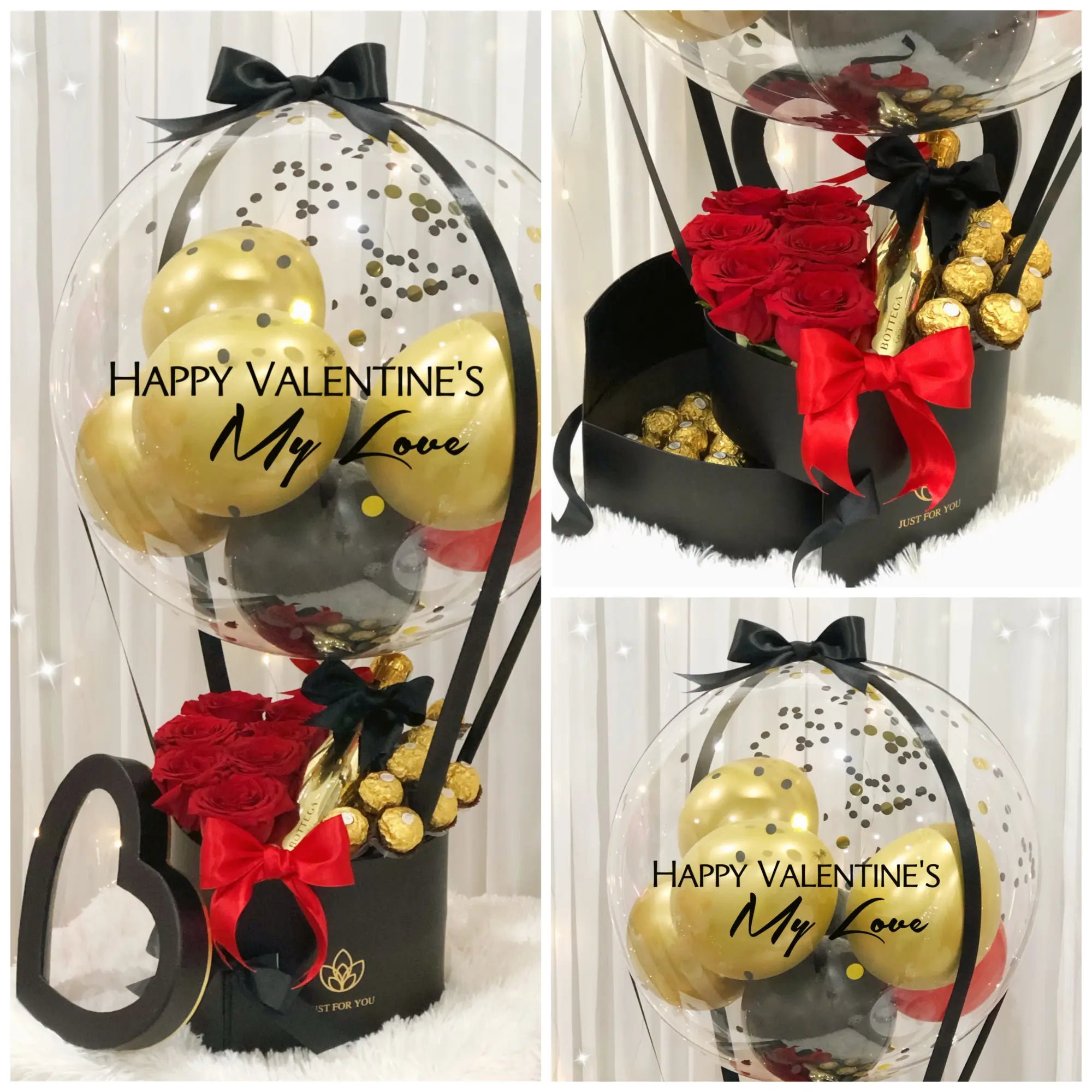 Valentine’s Day gift arrangement featuring a personalized clear balloon with gold, black, and red balloons, red roses, gold-wrapped chocolates, black and red ribbon accents, and a black gift box.