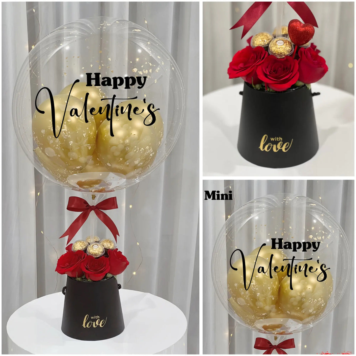 Valentine’s Day mini gift collage featuring a personalized clear balloon with gold balloons, red roses, gold-wrapped chocolates, a black “with love” gift box, and red ribbon accents.