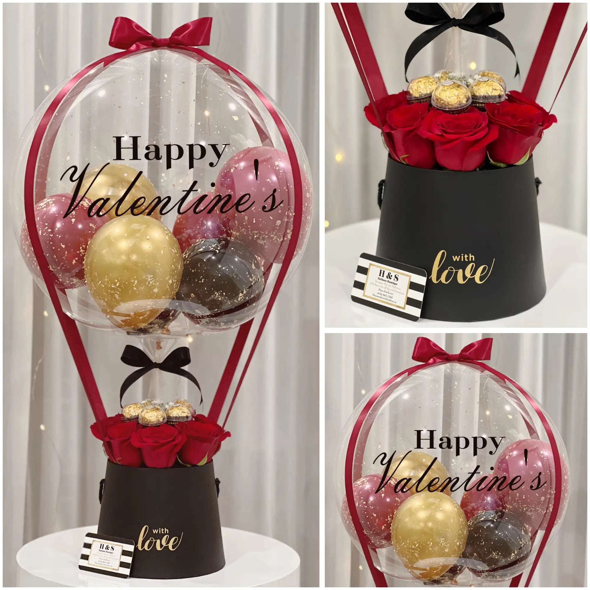 Valentine’s Day gift arrangement featuring a personalized clear balloon with red, gold, and black balloons, red roses, gold-wrapped chocolates, black gift box, and red and black ribbon accents.