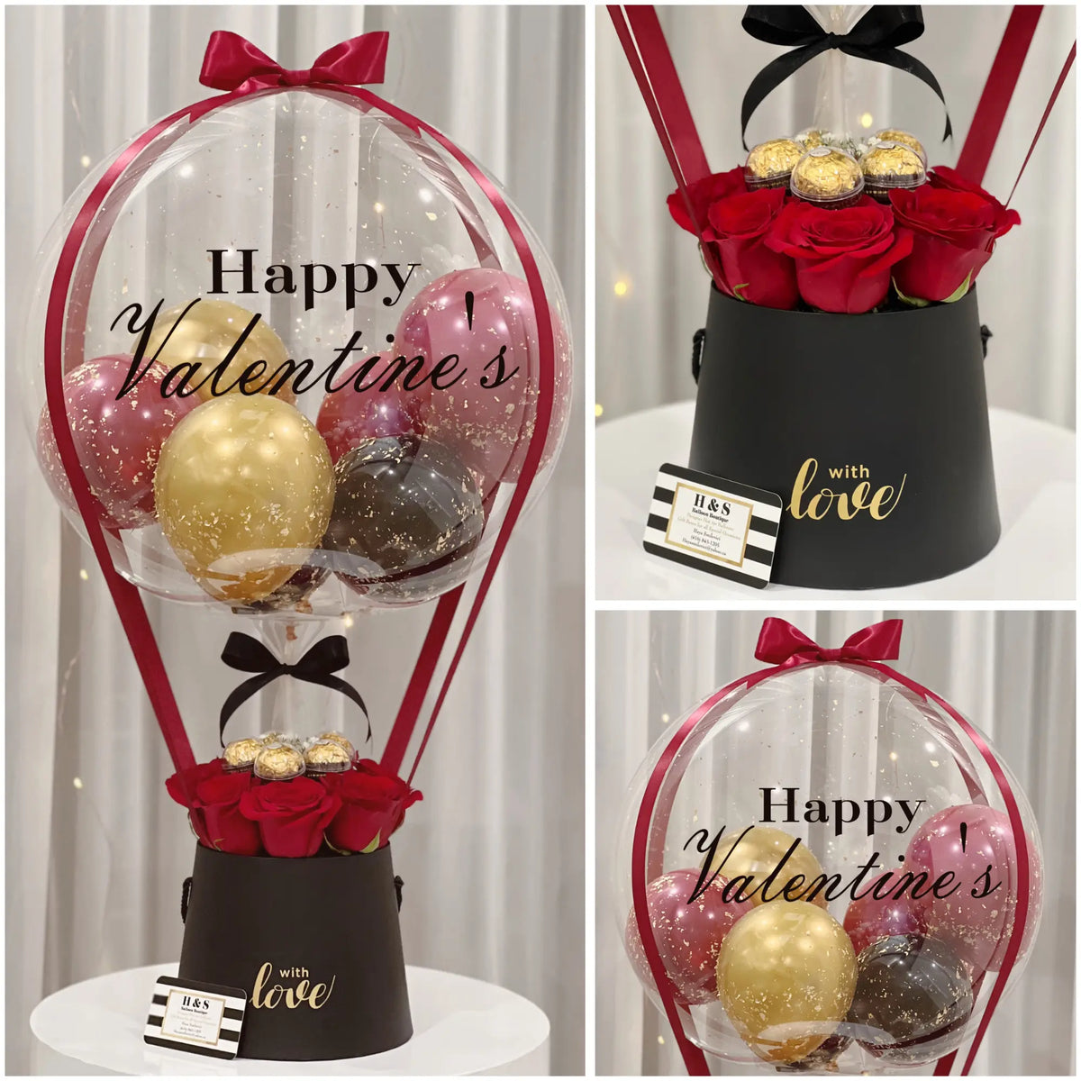 Valentine’s Day gift collage featuring a personalized clear balloon with red, gold, and black balloons, red roses, gold-wrapped chocolates, a black “with love” gift box, and red and black ribbon accents.