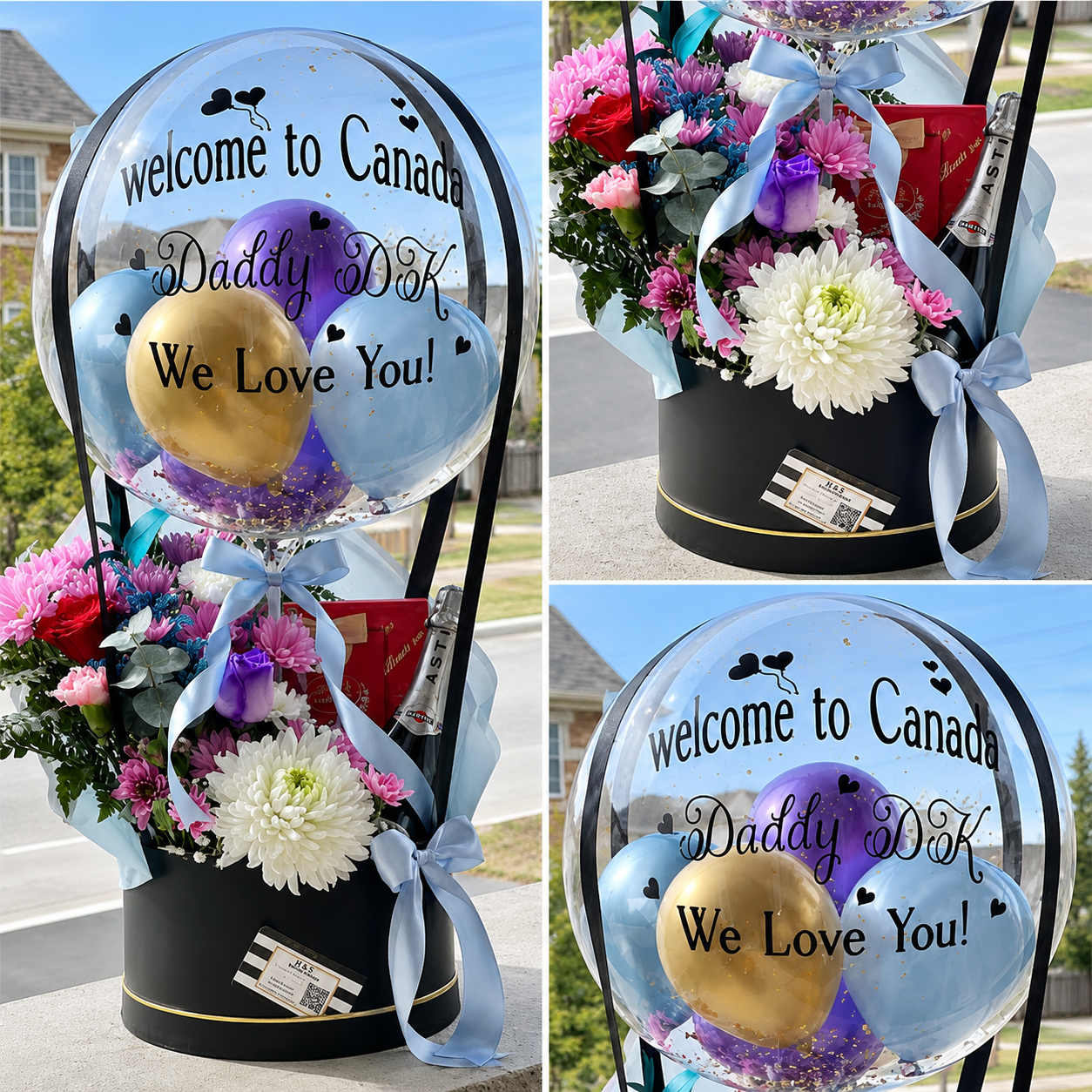 Welcome to Canada gift arrangement for Daddy featuring a personalised clear balloon, colorful balloons, fresh flowers, chocolates, and ribbon accents.