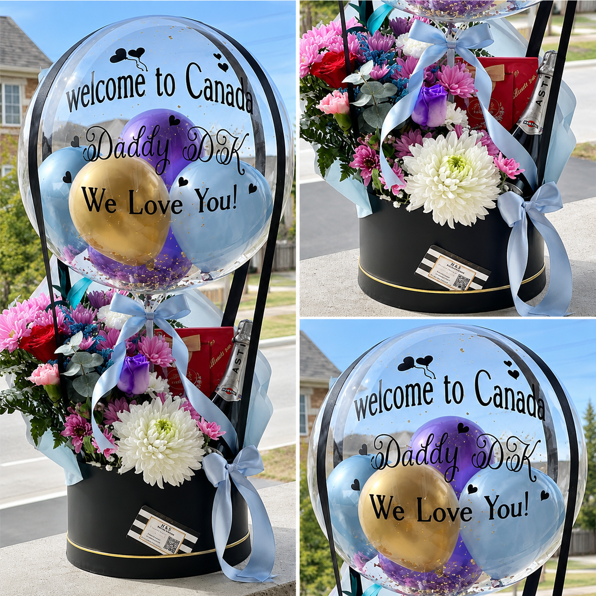 Collage of a welcome to Canada gift for Daddy featuring a personalised clear balloon, colorful balloons, fresh flowers, chocolates, a sparkling beverage bottle, and blue ribbon accents.